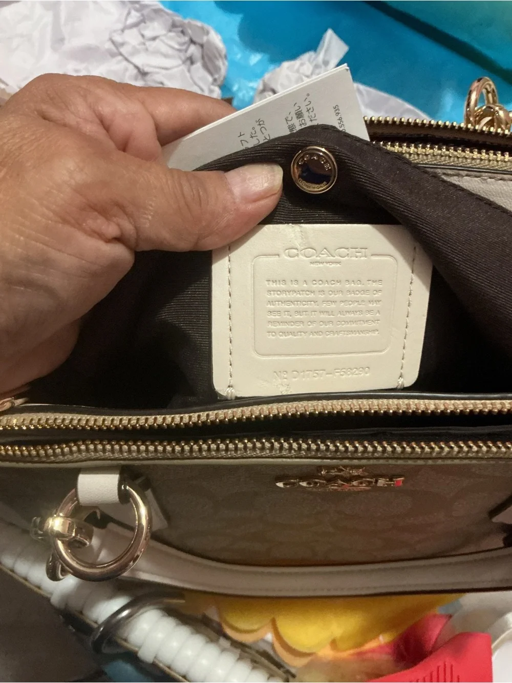 Coach Beige Signature Satchel with White Trim and Pink Accents